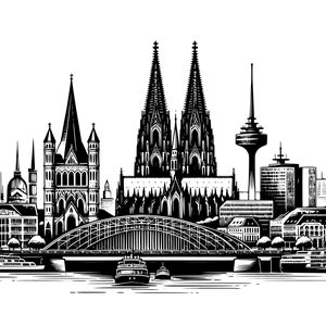 Grafica vettoriale dello skyline di Colonia – File digitale per incisione, tracciatura e stampa – SVG e PNG – Illustrazione dettagliata in bianco e nero
