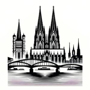 Könnte beinhalten: Schwarz-weiße Silhouette der Kölner Skyline mit einer Brücke im Vordergrund und dem Rhein im Hintergrund.