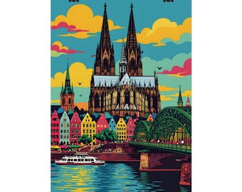 Cologne poster in colorful pop art style – Cologne Cathedral with Hohenzollern Bridge and Old Town – Wall decoration gift for Cologne fans