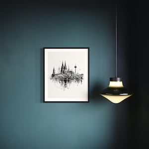 Cologne Skyline Art Print – Black Watercolor Illustration with Cologne Cathedral & Hohenzollern Bridge – Instant Digital Download