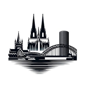Puede incluir: Silueta en blanco y negro del horizonte de Colonia con la Catedral de Colonia, un edificio alto y un puente sobre un río.