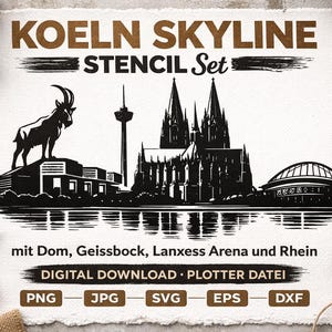 Könnte beinhalten: Ein Schwarz-Weiß-Schablonensatz mit der Kölner Skyline, einschließlich Dom, Geissbock, Lanxess Arena und Rhein. Der Text "KOELN SKYLINE STENCIL Set" wird oben angezeigt. Enthält digitale Download-Formate: PNG, JPG, SVG, EPS und DXF.