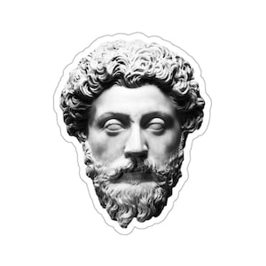 May include: A black and white image of a bust of a man with a beard and curly hair. The bust is made of stone and is a classic example of Roman sculpture.