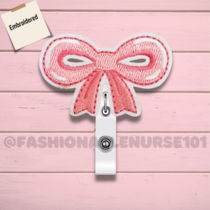 Embroidered Pink Bow Badge Reel, Cute Nurse ID Holder, Nurse Badge Reel, Teachers & Healthcare Workers