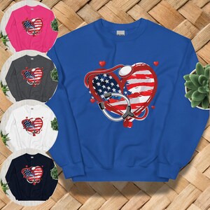Patriotic Nurse Sweatshirt, 4th of July Nurse Shirt, USA Heart Stethoscope Crewneck, Independence Day Nursing Gift, Red White Blue Nurse