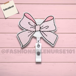 Embroidered Pink Bow Badge Reel, Cute Nurse ID Holder, Nurse Badge Reel, Teachers & Healthcare Workers