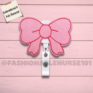 Embroidered Felt Pink Bow Badge Reel, Cute Nurse ID Holder, Nurse Badge Reel, Teachers & Healthcare Workers
