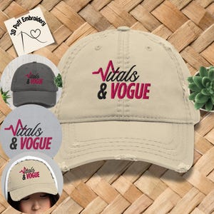 Vitals & Vogue Nurse Hat, 3D Puff Embroidered Nurse Cap, Trendy RN Baseball Hat,  Distressed Medical Hat, Nurse Fashion Gift