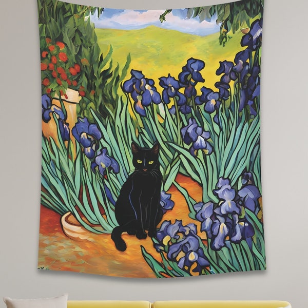 Black Cat Tapestry - Black Cat in Van Gogh Inspired Irises Artwork | Black Cat Flower Garden Wall Art | Black Cat Decor | Cat Lover Gift