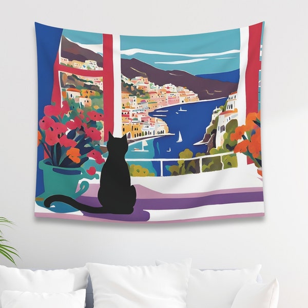Black Cat Tapestry in Henri Matisse Inspired Open Window Scene with Red Flowers, Amalfi Coast and Sailboats | Gift for Cat Lover, Cat Mom