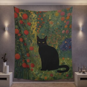 Black Cat Tapestry Gustav Klimt Inspired Flower Garden Original Artwork, Cat Wall Art, Art Nouveau Tapestry Aesthetic, Cat Lover Gift