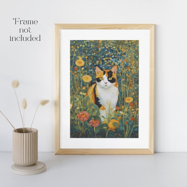 Calico Cat Poster, Gustav Klimt Inspired Flower Garden, Calico Cat Art Print for Cat Decor, Gift for Cat Lover for Home or Dorm Room Decor