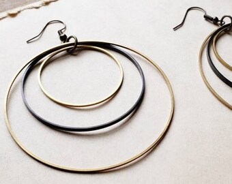 Brass and matte black hoops, large brass hoop earrings, boho brass jewelry