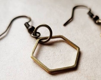 Brass hexagon earrings, minimalist earrings, boho brass jewelry, boho glam