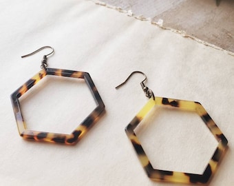 Hexagon tortoise shell earrings, tortoise shell acetate dangles, boho glam jewelry