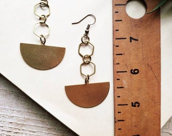 Brass geometric earrings, hexagon and half moon earrings, boho brass jewelry