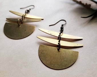 Brass geometric statement earrings, boho brass jewelry, brass half moon earrings