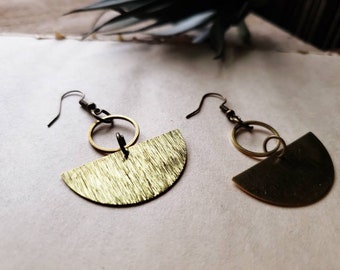 Brass half moon and circle earrings, brass boho glam jewelry