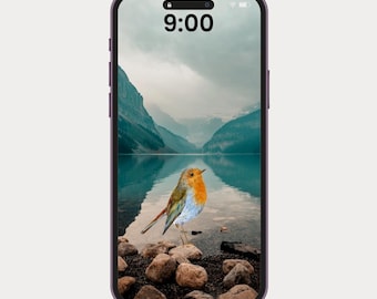 Nature phone wallpaper with illustrated bird on the rocks, sea and mountains phone backround