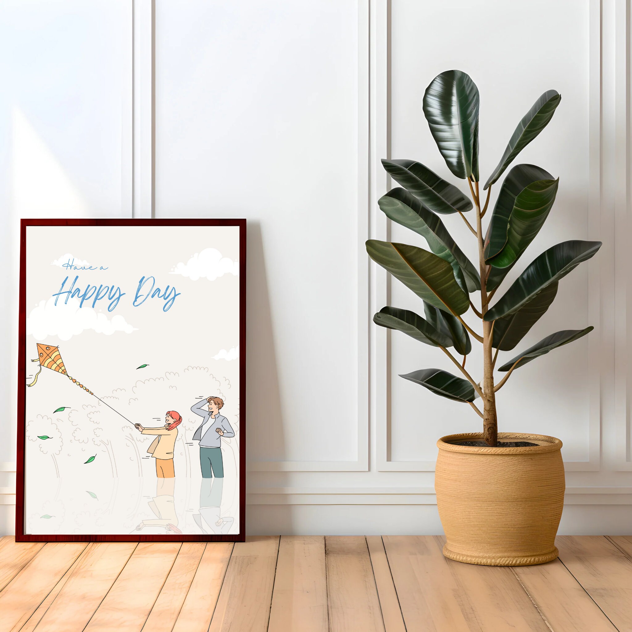 Drachen Poster: Junge und Mädchen fliegenden Drachen, Happy Day Art (Digitaler Download)