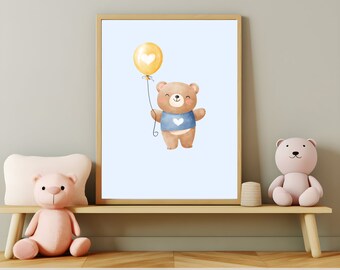 Pooh Poster, Ballon Poster, Kinderzimmer Poster, süßes pooh, Aquarell, Cartoon, digitaler Download, digitales Poster