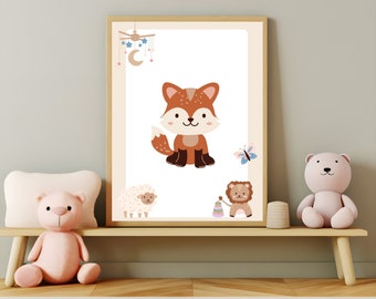 Fox, Fox poster, digital poster with fox, baby room poster,made with canva poster, kids room poster with fox and other animals