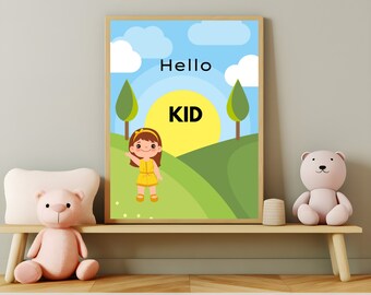 Kind, Baum, grün, Mädchen, digitales Poster, Familiendruck