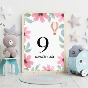 Kwekerij mijlpaalposters 9-12 maanden, mijlpaalposters set 9-12 maanden, kraamcadeau, babymaandkaarten, aquarelkransen, digitaal, A4