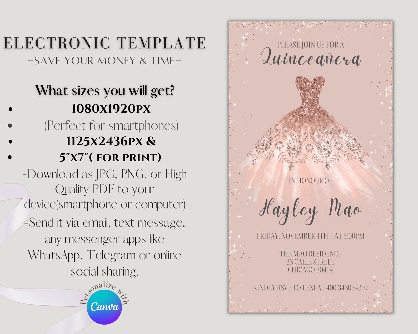 Quinceanera Electronic Invitation Template Editable Digital Etsy