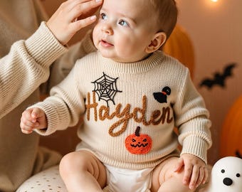 Happy Halloween Personalized Embroidered Name Baby Sweater, Custom Baby Name Sweater, Baby Girls Sweater With Name, Gift For Baby Girls Boy
