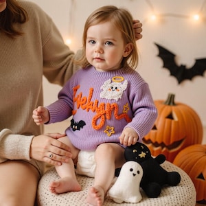 Happy Halloween Personalized Embroidered Name Baby Sweater, Custom Baby Name Sweater, Baby Girls Sweater With Name, Gift For Baby Girls Boy