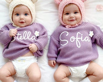 Personalized Hand-Embroidered Baby Sweater: Custom Knit Name Sweater