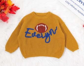 Suéter personalizado de la NFL para bebé/niño pequeño con balón de fútbol americano, suéter de los Dallas Cowboys, suéter de Acción de Gracias tejido a mano, suéter personalizado SKOL para bebé/niño pequeño