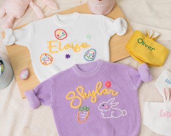 Pull de Pâques personnalisé pour bébé,Pull personnalisé avec nom de bébé,Pull de bébé premier lapin de Pâques et oeuf de Pâques,Cadeau pour bébé,Vêtements de printemps mignons
