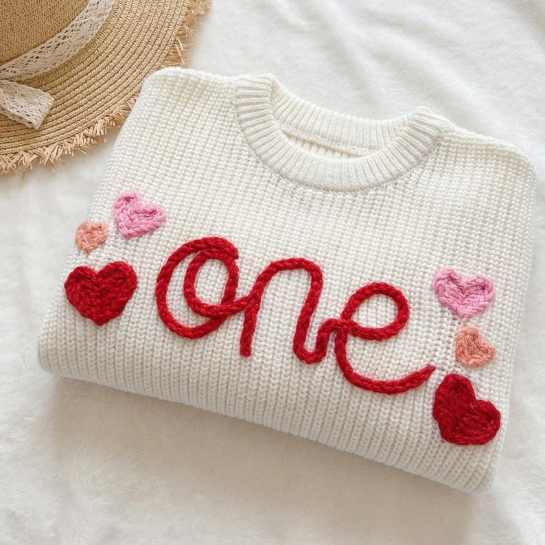 One Embroidered First Birthday Sweater, Hand Embroidered One Sweater With Hearts, Baby ...