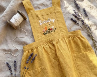 Hand-Embroidered Personalized Kids Apron, Cotton-Linen Blend for Cooking Baking Crafts