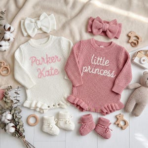 Hand Embroidered Knit Baby Romper, Personalized Name Outfit, Organic Cotton Coming Home Wear