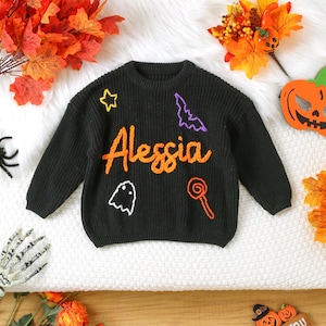 Happy Halloween Personalized Embroidered Name Baby Sweater, Custom Baby Name Sweater, Baby Girls Sweater With Name, Gift For Baby Girls Boys