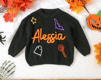 Happy Halloween Personalized Embroidered Name Baby Sweater, Custom Baby Name Sweater, Baby Girls Sweater With Name, Gift For Baby Girls Boys