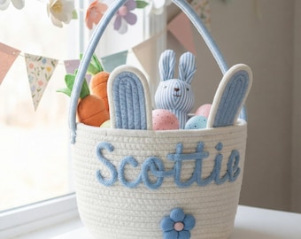 Canasta de Pascua personalizada con nombre: regalo de búsqueda de huevos de Pascua para niños (2026), primer recuerdo para bebé y canasta de decoración de primavera.