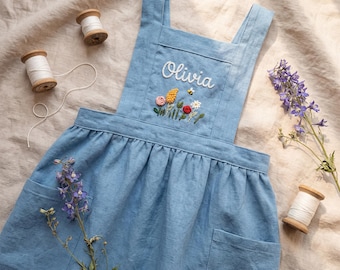 Hand-Embroidered Personalized Kids Apron, Cotton-Linen Blend for Cooking Baking Crafts
