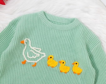 Hand Knitted Marching Ducks Baby&Toddler Sweater,Cute Ducks Hand Embroidered Jumper,Oversized Kid Duck Sweater, Baby Gift,Duck Sweatshirt