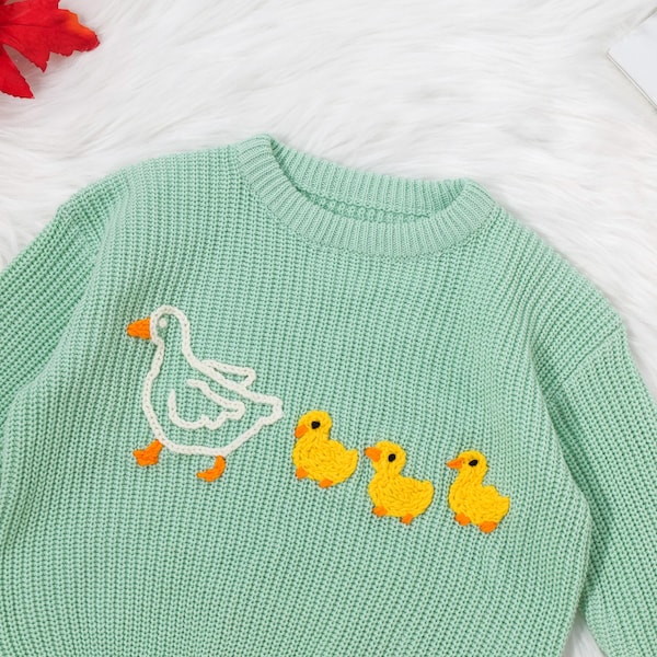 Handgestrickte Marschierende Enten Baby & Kleinkind Pullover, süsse Enten Hand bestickter Pullover, Übergroßer Kid Duck Pullover, Baby Geschenk, Enten Sweatshirt