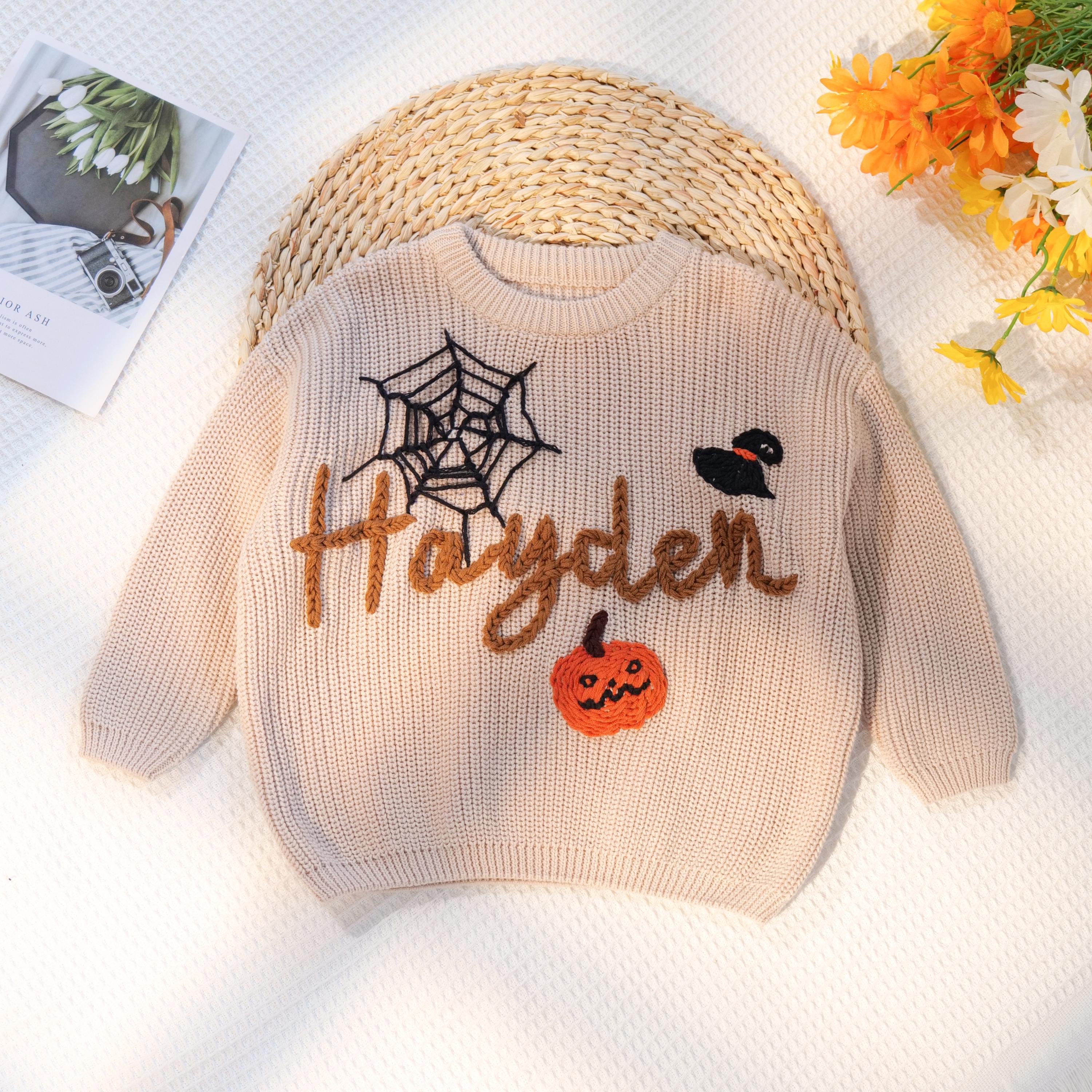Happy Halloween Personalized Embroidered Name Baby Sweater, Custom Baby Name Sweater, Baby Girls Sweater With Name, Gift For Baby Girls Boy