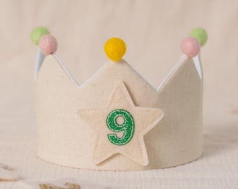 Verjaardagskroon baby/peuter met kleurrijk sprankelend nummer en ster, gepersonaliseerde cadeaus, nummerkroon voor eerste verjaardagsfeestje, aangepaste linnen kronen