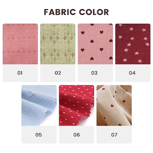 K&ouml;nnte beinhalten: Stoffmuster in verschiedenen Farben und Mustern, darunter rosa mit kleinen wei&szlig;en Punkten, gr&uuml;n mit wei&szlig;en Kreuzen, rosa mit roten Herzen, rot mit wei&szlig;en Sternen, hellblau mit wei&szlig;en Punkten, rot mit wei&szlig;en Punkten und beige mit roten Herzen. Die Muster sind mit den Zahlen 01 bis 07 beschriftet.