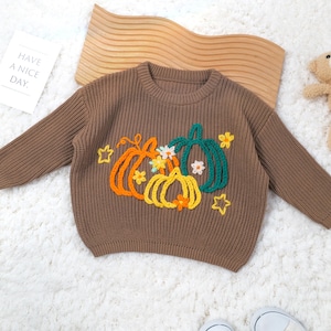 Custom Hand Knitted Floral&Pumpkin Sweater,Thanksgiving Baby Sweater,Custom Fall Baby/Toddler Sweater,Baby Girls Sweater, Pumpkin Embroidery