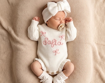 Hand Embroidered Name Baby Romper Set,Personalized Outfit, Baby Girl Romper, Coming Home, Embroidered Newborn Gift