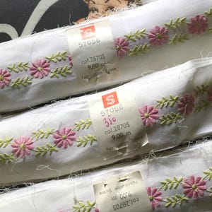 Merletto entredeux vintage di fabbricazione Svizzera ricamato su battista di cotone con motivi colorati floreali.Fuori produzione da decenni