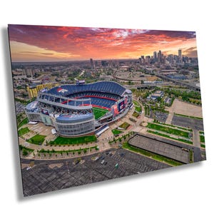 Denver Skyline at Sunrise with Empower Field - Broncos Stadium Aerial Photo